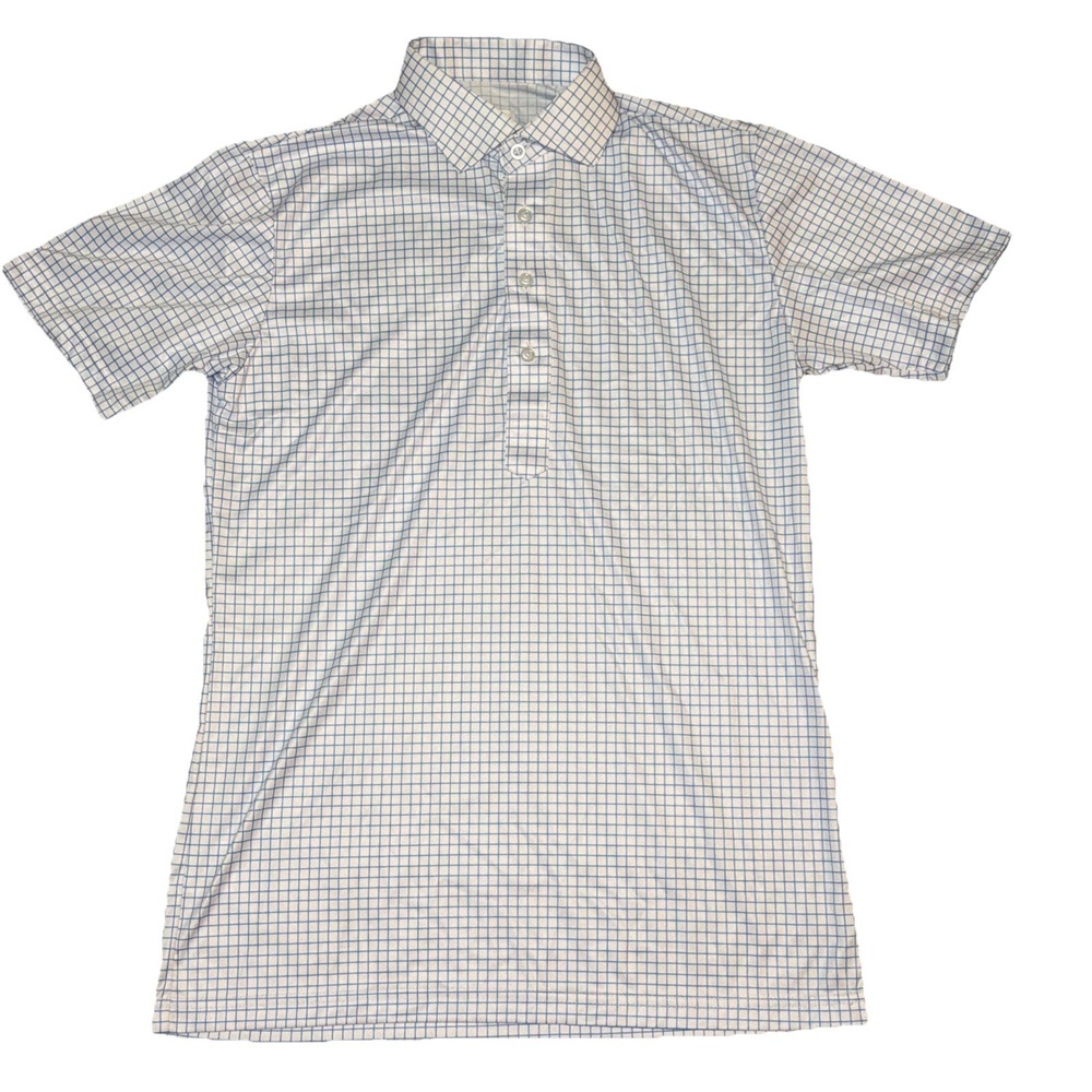 Collars & Co Men's Small Check Collared Short Sleeve 1/4 Button Polo White Blue